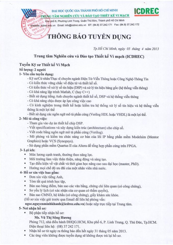 ICDREC Tuyển Kỹ Sư Thiết Kế Vi Mạch